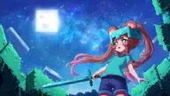 artist:reilong character:steve_(minecraft) flat_chest forest helmet moon series:minecraft sword twintails // 4000x2252 // 770KB