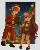 artist:ahaha_kun bell character:irina character:pawnii_chan christmas christmas_present christmas_tree fan_commission reindeer_costume santa_costume santa_hat snowing star // 3256x4096 // 759KB