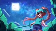 artist:reilong character:steve_(minecraft) flat_chest forest helmet moon series:minecraft sunglasses sword twintails // 4000x2252 // 770KB