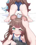 artist:jahe_png fan_commission from_behind headpat swimsuit // 3263x4096 // 677KB