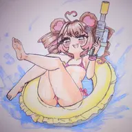 artist:niikappi bikini blush butt gun swimsuit twin_drills water_gun // 2048x2040 // 522KB