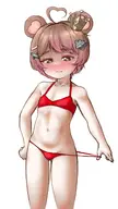 artist:eggmosan blush character:irina flat_chest pulling_own_clothes short_hair strap_pull swimsuit tummy // 732x1302 // 90KB