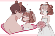 artist:puffycloudist back bouquet character:irina character:pawnii_chan heart honeymoon kissing looking_at_viewer saliva_trail short_hair wedding wedding_dress wedding_gloves wedding_tiara wedding_veil // 1763x1157 // 699KB